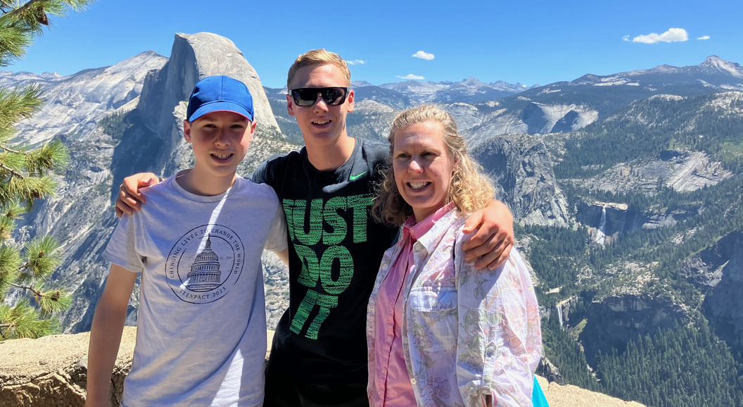 Glacier Point view of Half Dome behind John, Vernal and Nevada Falls to the right