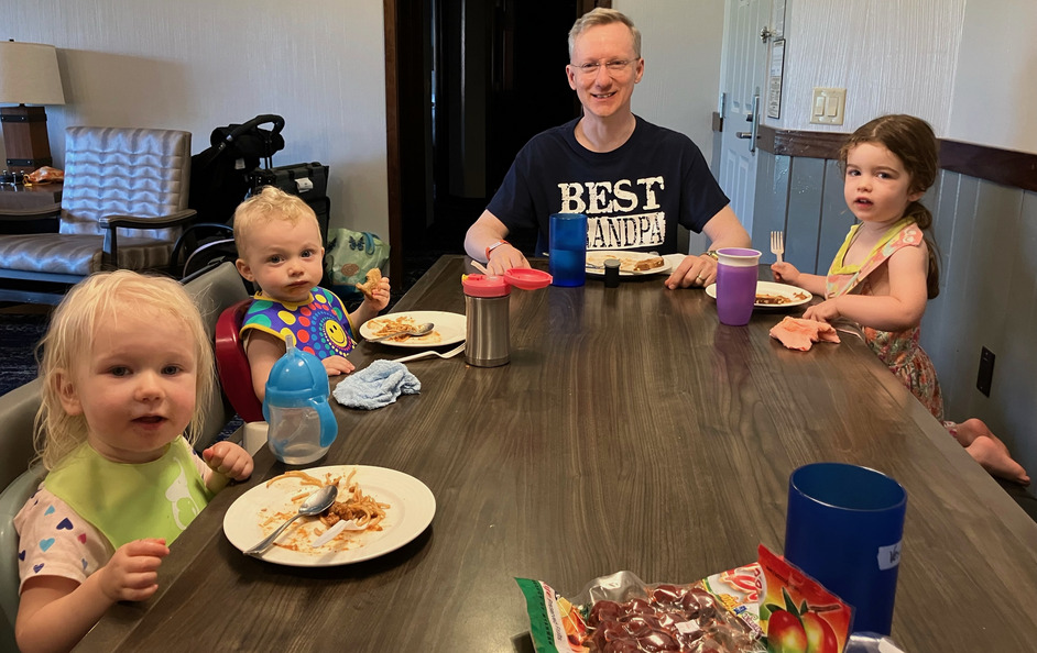 Lottie, Steven & Evie enjoying Grandpa Bob’s spaghetti dinner at the Dells