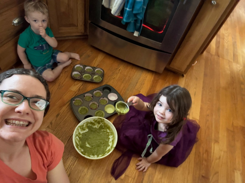 Ruth creatively cooking with Steven & Evie